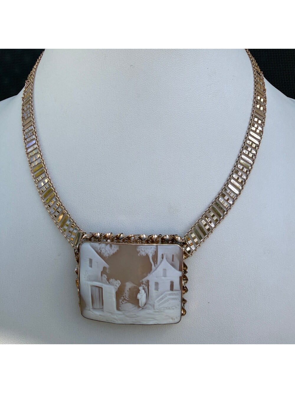 Victorian Hand-Carved Shell Cameo In Gold Fill. Milor of Italy Necklace. Antique